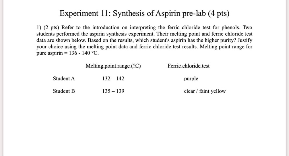 Experiment 1 Synthesis Of Aspirin Pre Lab 4 Pts 1 2 Pts Refer To Experiment 1 Synthesis Of Aspirin Pre Lab 4 Pts 1 2 Pts Refer To