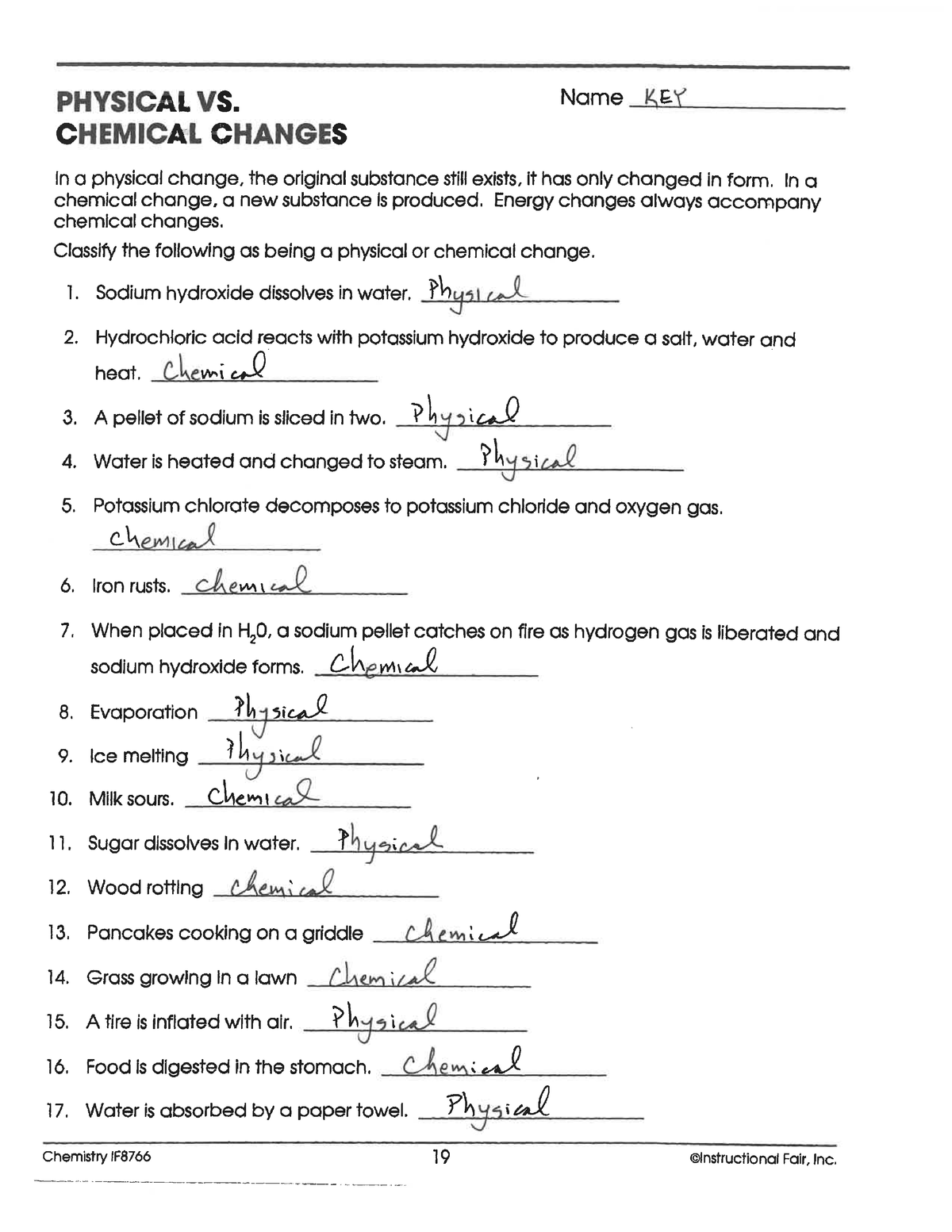 Physical Vs Chemical Changes Worksheet
