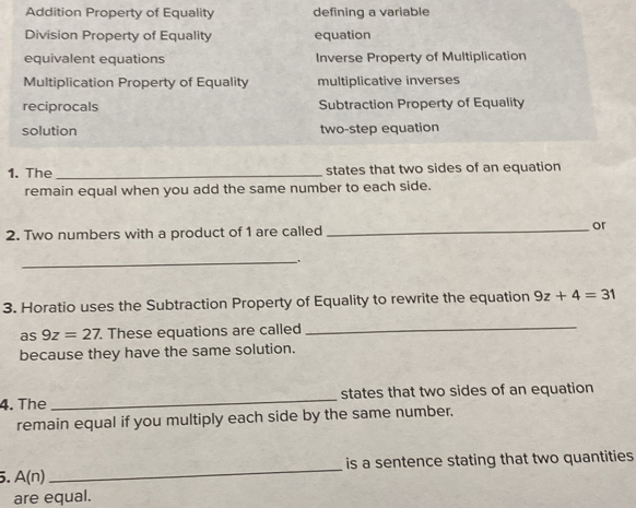 Solved Addition Property Of Equality Defining A Variable Division